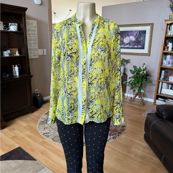 Oakridge yellow, black & white long sleeve blouse-size M - Picture 1 of 9